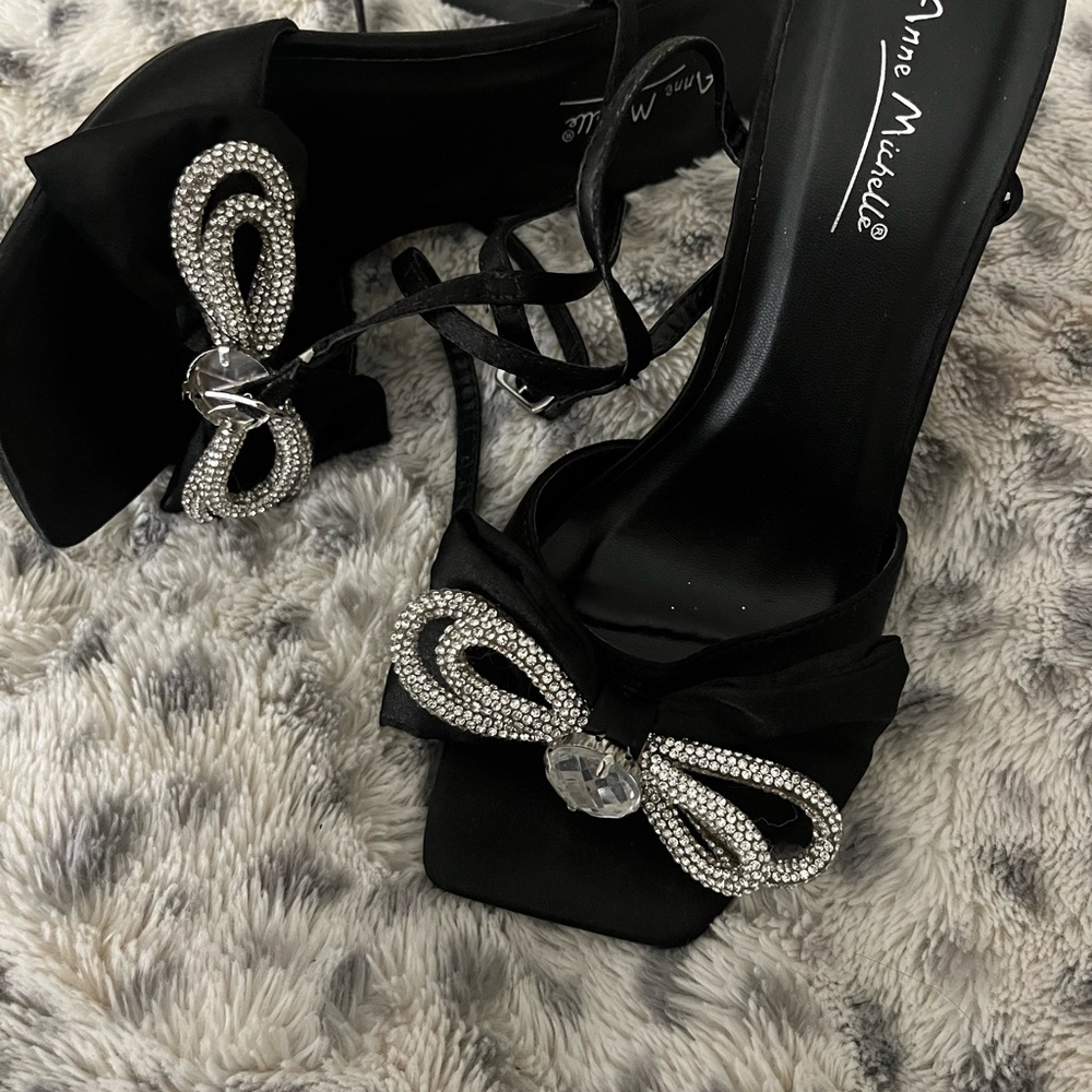 Anne Michelle Black Heels with Rhinestone Bow